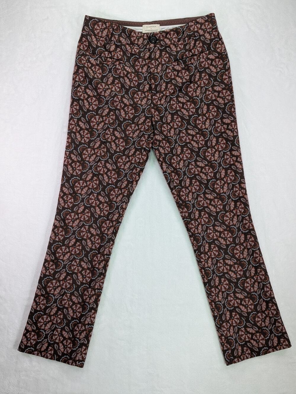 Anthropologie Essential Slim Straight Leg Pants 4 Jacquard Floral Brown Pink